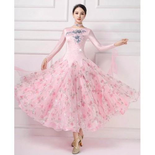 Pink rose flowers floral ballroom dance dresses for women girls foxtrot smooth ballroom waltz dancing competition long gown 720degree slorts for female